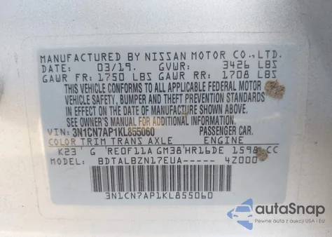 2019 Nissan Versa 1.6 Sv z USA, uszkodzony, nr VIN 3N1CN7AP1KL855060